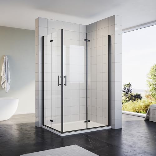 Sonni Duschabtrennung Eckeinstieg Duschkabine 80x120 cm Schwarzes Dusche Falttür 180º Duschwand Nano 6mm Glas Faltdusche Höhe 195 cm Drehfalttür