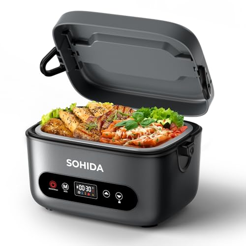 SOHIDA 100W Cordless Electric Lunch Box for Adults & Men, Rechargeable Battery Powered Heated Lunch Box, 1.2L Portable Food Warmer Lunchbox with 5-Sided Heating for Work Car Outdoor Use