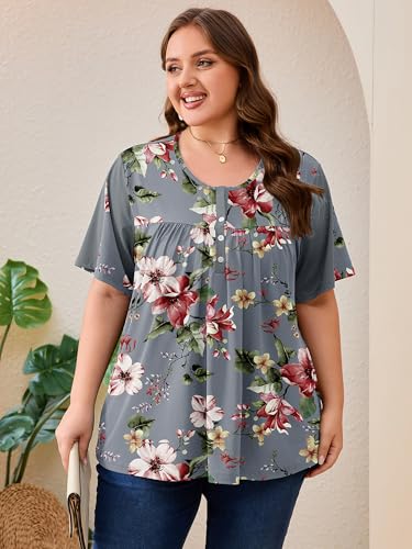 AusLook Plus Size Floral Tunic Tops for Women Pleated Babydoll Blouse Short Sleeve Round Neck Loose Fit Casual Flowy Gray Watercolor Bouquet 4X Tunic Shirts Summer Tops to Wear with Leggings — view 2