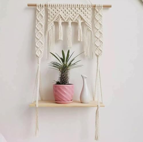 Decazone ® Macrame Wall Hanging Shelf Wood Floating Shelves with Wooden Dowel Modern Chic Woven Decor for Dorm Living Room Nursery Beige 55 x 43 cm (M