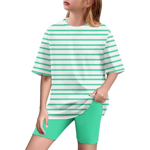 Girls 2 Piece Tracksuit Outfits Short Sleeve Casual Striped T-Shirt and Biker Short Sets Kids Summer Clothes for 5-15 Years