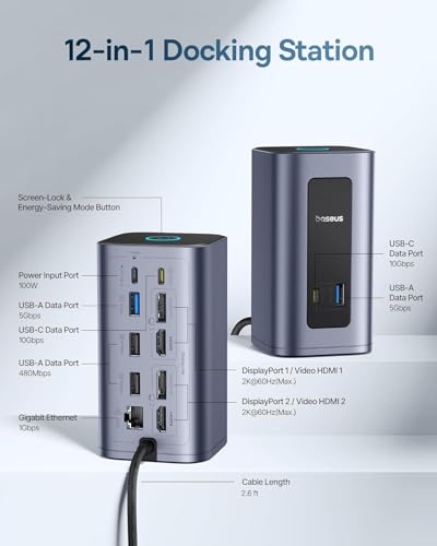 Image of Baseus Nomos Air Mac 12 in 1 Docking Station, Dual Monitor Laptop Docking Station with 2K HDMI /DP, 10Gbps USB-C /A, 100W PD, USB C Docking Station Compatible for macOS, Displaylink Driver Required