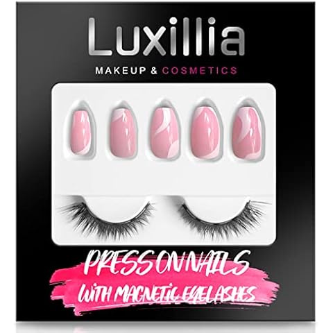Luxillia Magnetic Eyelashes with Eyeliner Kit Natural Look FREE Press on Nails | UV Finish 24 Nail - 12 Sizes Kit | Reusable Acrylic Fake Nail with Glue Cover