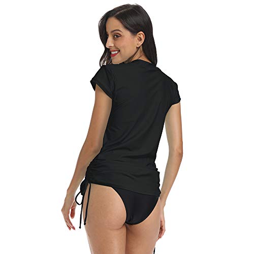 Abalagu Women's Uv Sun Protection Half Zipper Short Sleeve Rash Guard Swim Shirt Rashguard Swimsuit Top (Black, L) #TOP6