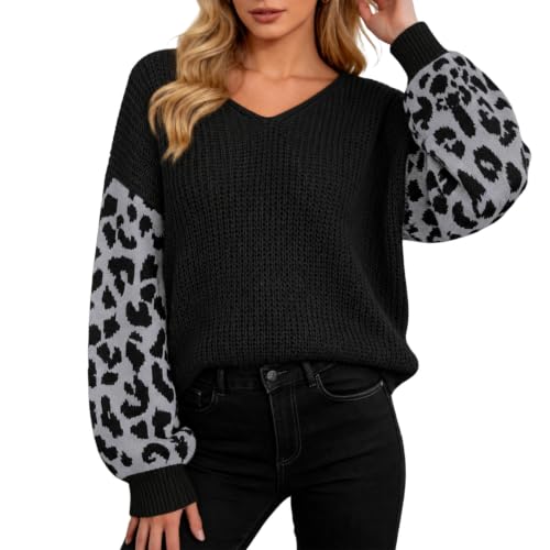 V Neck Sweaters for Women Leopard Long Sleeve Pullover Casual Fall Tops - image 1