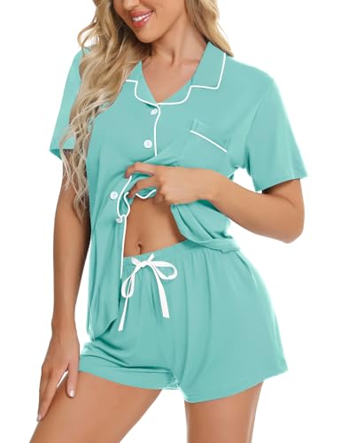 Image of SWOMOG Womens Button Down Pajamas Set Short Sleeve Sleepwear Bride Soft Pj Lounge Sets XS-3XL