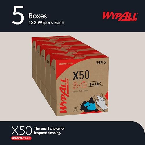Image of WypAll GeneralClean X50 Cleaning Cloths, 5 x 132 Towels, White (59753) | Pop-Up Box, White Towels, Light-Weight, Engineered to Clean Dirt and Sticky Messes
