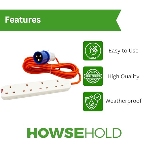16A to 13A Extension Lead 5 Metres – Camping Electric Hook Up Cable with UK 3-Pin Plug Sockets – 240V Mains Lead for Caravans, Motorhomes, Catering Trailers & Generators – 3-Pin Blue Plug