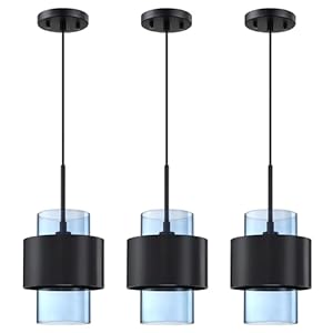 1 Light 3 Pack Hanging Indoor Kitchen Island Pendant Light 6″ Drum Glass Shade Pendant Ceiling Light Fixtures Modern Farmhouse Dinning Over Sink (Ancient Blue Glass)