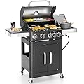 2 in 1 Propane Gas BBQ Grill with Side Burner & Porcelain-Enameled Cast Iron Grate, 4-Burner Flat Top Grill, 46,700 BTU Barbecue Grill, Outdoor Propane Griddle Grill Combo for Camping, Patio, Backyard