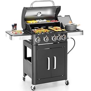 2 in 1 Propane Gas BBQ Grill with Side Burner & Porcelain-Enameled Cast Iron Grate, 4-Burner Flat Top Grill, 46,700 BTU Barbecue Grill, Outdoor Propane Griddle Grill Combo for Camping, Patio, Backyard