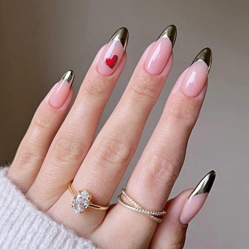 Black French Tip Press On Nails Almond With Pink Red Heart Designs Valentine's Day Acrylic Nails Stick On Nails Medium Glossy Full Cover False Nails Glue On Nails For Women Girls Manicure Tips 24Pcs #TOP5
