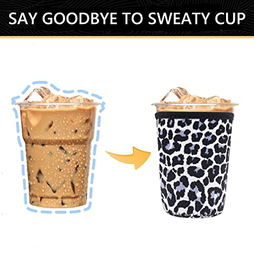 Image of YR Reusable Neoprene Insulator Sleeve for Iced Coffee Cups, 3 Pack Coffee Coolies sleeves for Iced & Hot Drinks, Cold Beverage Cooler Compatible with Starbucks Coffee and More (Snow Leopard)