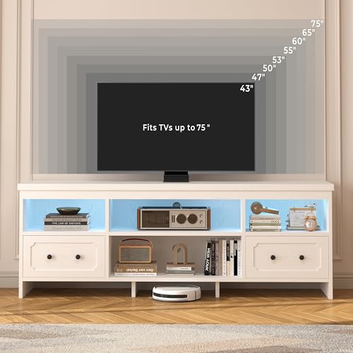 IRONCK TV Stand for 75 Inch TV, 71" LED Entertainment Center with Storage Cabinets, Power Outlets and Open Shelf, Media Console TV Cabinet with Drawers for Living Room, White