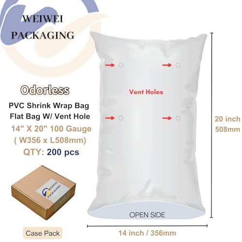 Image of Weiwei - 200PCS 14 X 20 inch Odorless PVC Heat Shrink Wrap Bags 100 Gauge with Vent Hole