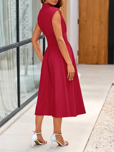 Image of Wenrine Womens Smocked Midi Dress Zipper V Neck Long Summer Dresses | zip front, empire waist, cap sleeve, flowy, a line, high slit, casual midi dress