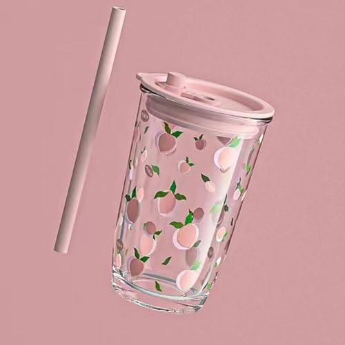 Image of KELVEE Reusable Glass Tumbler with Airtight Lid and Straw Pack of 1, 400ml Leakproof Travel Coffee Mug Sipper Bottle for Fruit Juice Cocktail Green Tea Smoothie Cup (Cherry)