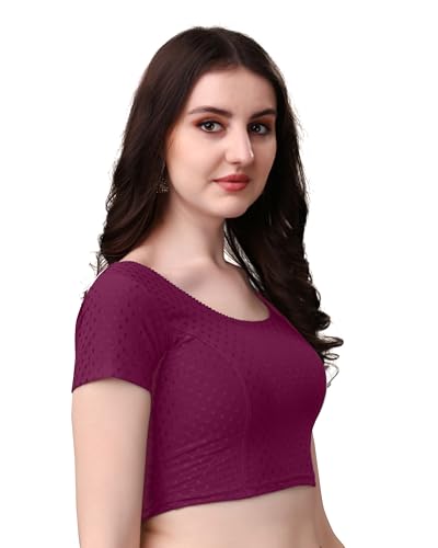 Image of Mogsa Women's Stretchable Dobby Cotton Lycra Saree Blouse | Readymade Stitched Blouse | Round Neck | Short Sleeve | Soft & Comfortable Ethnic Blouse for Saree Wear