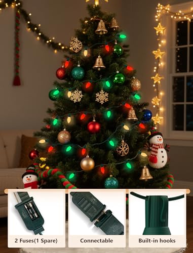 Image of 50Ft C9 LED Christmas Lights Outdoor, Vintage Christmas String Light Plug in with 52 Shatterproof C9 Red White Green Bulbs Christmas Decorations Lights for Indoor Christmas Tree Patio Roofline Party
