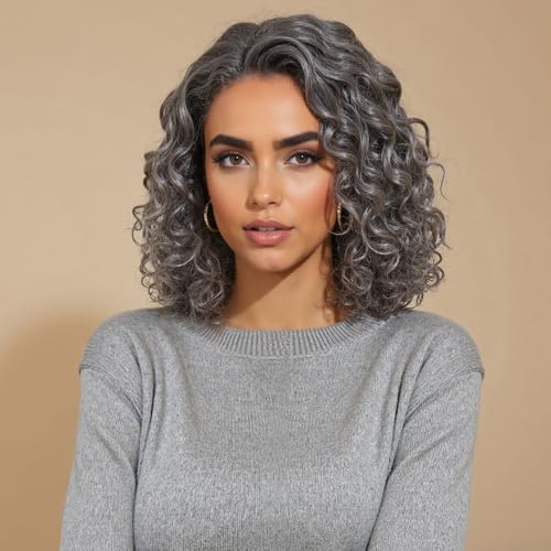HANASCC 12 Salt and Pepper Human Hair Wigs Glueless Water Wave Bob Wigs Pre Plucked Short Grey Human Hair Wigs for Black Women Wavy Gray Lace Front Wig Pre Cut 5x5 Closure HD