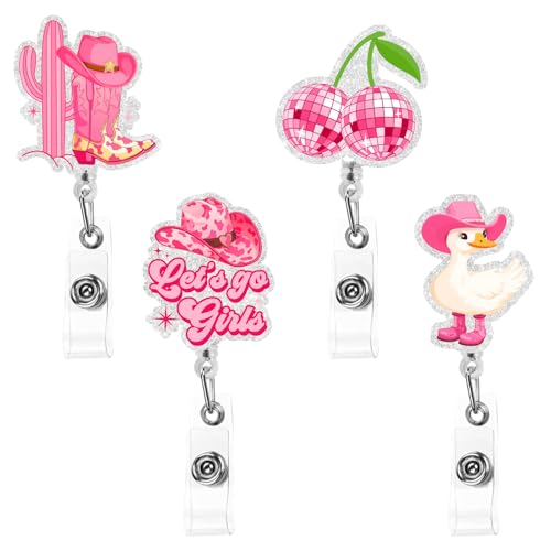 Cheerupp Lot de 4 porte-badges disco à paillettes avec pince crocodile pivotante et cordon rétractable, porte-badge Western Rodeo en acrylique pour enseignants, infirmières, médecins, employés de