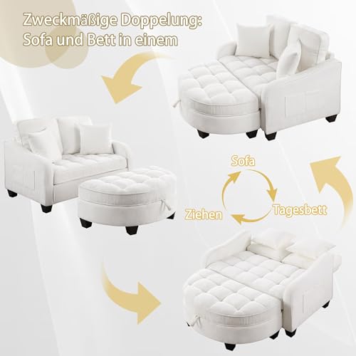 A ALFRESCOOL Sofa mit Schlaffunktion, 2-in-1 Schlafsofa, Modulares Sofa, Aufbewahrungs-Hocker & 4 Kisse, für Kleine Wohnzimmer, Studienzimmer, Schlafzimmer, 132×129×93cm (Beige)