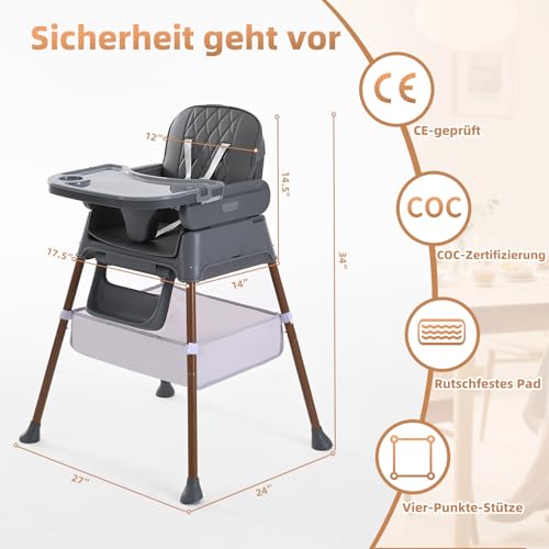 Hochstuhl Baby, Verstellbare Umwandelbare 3 in 1 Kinderhochstuhl, Tragbare Kompakte Baby Kleinkind Fütterung Stuhl Reise Hochstuhl Booster für Kleinkind, von 6 Monaten bis 3 Jahren (dunkelgrau)