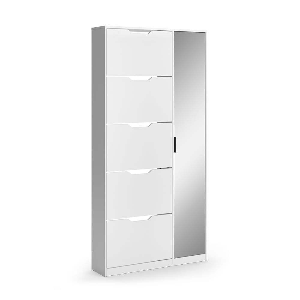 Vicco Zapatera abatible Luca, Blanco, 90 x 180.5 cm con 5 compartimentos basculantes y espejo