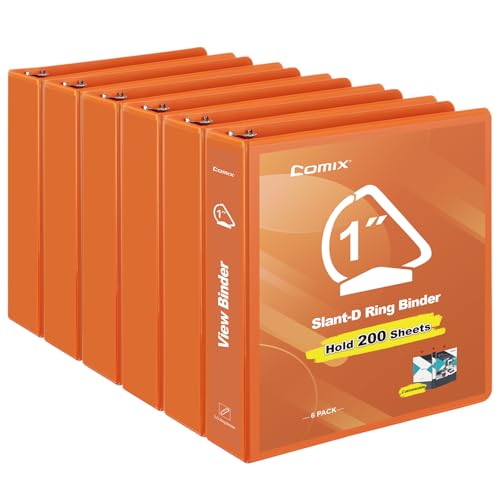 COMIX Sturdy 1 Inch Binders 3 Ring with Clear View Cover 1 Slant-D Ring View Binder Holds 225 Sheets of US Letter Size Paper 6 Pack (Orange)