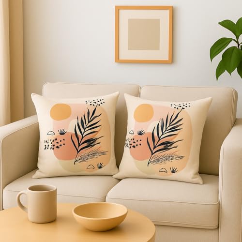Image of Jute Cushion Cover 20x20 Inch - Set of 2 Decorative Throw Pillow Covers for Sofa, Couch or Bed - Designer Printed Square Cushion Covers - Home Decor (Peach Leaf)