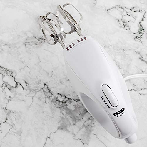Image of Ovente Portable Electric Hand Mixer 5 Speed Mixing, 150W Powerful Blender for Baking & Cooking with 2 Stainless Steel Chrome Beater Attachments & Snap Clear Case Compact Easy Storage, White HM161W