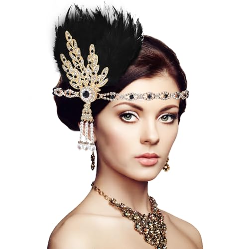 XIEXIESHER Accessori Anni 20 Fascia Capelli Piume, Acconciature Capelli Donna, Accessori Anni 20 Donna, Carnevale, Piuma Per Fascia Per Capelli Accessori Di Halloween Donna(Nero)