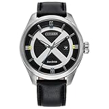CITIZEN Men's Eco-Drive Marvel Comics X-Men, 42.3mm Silver-Tone Stainless Steel Case with a Black Leather Strap & Black Dial (Style: AW5007-17W)