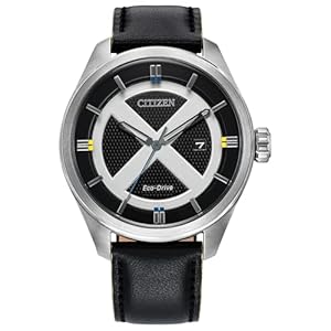 CITIZEN Eco-Drive Marvel Comics X-Men AW5007-17W - Men's 42.3mm Silver-Tone Stainless Steel Watch with Black Leather Strap