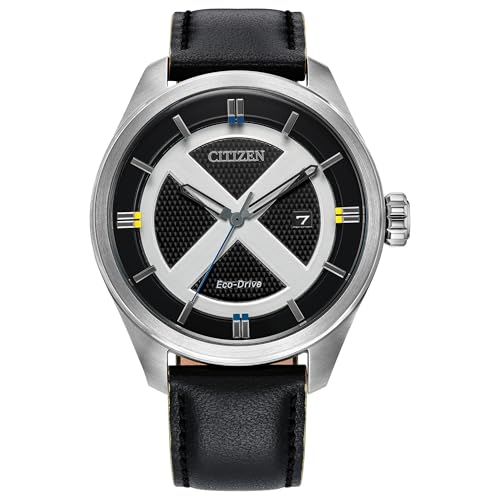 CITIZEN Eco-Drive Marvel Comics X-Men AW5007-17W - Men's 42.3mm Silver-Tone Stainless Steel Watch with Black Leather Strap