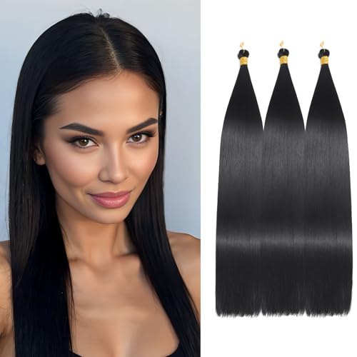 Locescsoc 24 Inch Straight Hair Extensions 150g 3 Packs Bone Straight Braiding Hair, Soft Synthetic Bundles Crochet Braids Hair Bundles for Braiding (1B#)