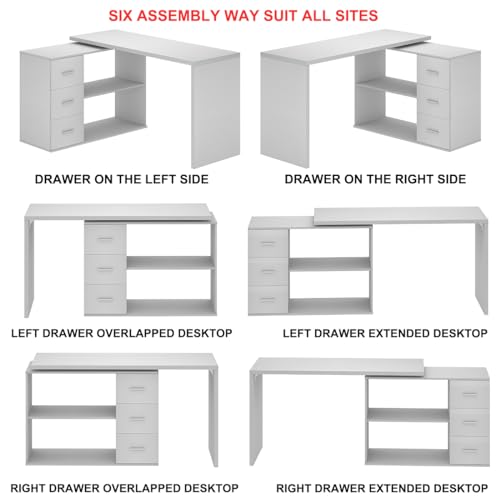 HSH White L-Shaped Computer Desk with 3 Drawers and 2 Shelves, Reversible Home Office Corner Desk for Writing Study Work Executive, 55 Inch Bedroom Wood Table Workstation Desk with Storage Cabinet by HSH - Image 4