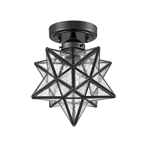 Image of Moravian Star Flush Mount Ceiling Light Black with Seeded Glass | Ceiling Mount Light Fixture for Living Room Bedroom Kitchen Hallway