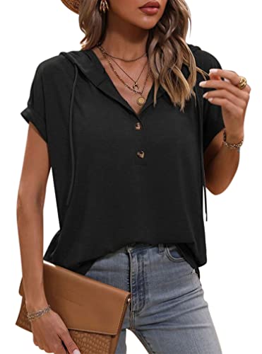 VEVESMUNDO Damen Sommer Hoodie Blusenshirt Kapuzenshirt V Ausschnitt...