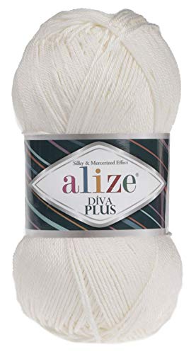 AlizeDiva Plus 100% Microfiber Acrylic Silk and Mercerized Effect 3 DK & Light Worsted Yarn 1 Ball Skein 100gr 240 yds Color (62-Light Cream)