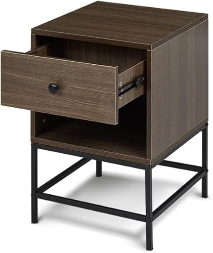 Miniatura 9 de HLXZN Mesita de noche, mesa auxiliar con cajón, muebles de noche con marco de acero, mesa auxiliar para dormitorio, fácil montaje, marrón rústico