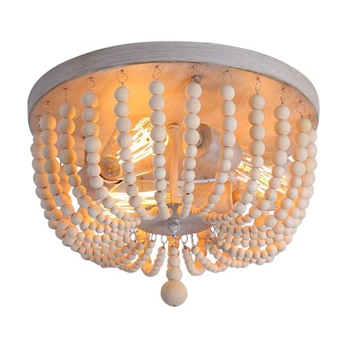 ICEMOB 3 luces bohemia granja madera cuentas/madera maciza LED montaje empotrado transición rústica cocina pasillo baño dormitorio entrada vestíbulo, base E14 lámpara de iluminación de techo