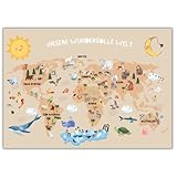 Posterli| Weltkarte für Kinder mit süßen Tiermotiven und Landschaften | Lernposter| Kinderzimmer Poster| Weltkarte mit Tieren| 4 Farben (Beige, DIN A2 (420 x 594mm))