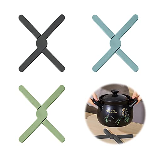 3 agarraderas en forma de X, agarraderas plegables, trípode de silicona resistente al calor, base protectora de mesa, adecuado para ollas calientes, cuencos, sartenes, platos (tres colores)
