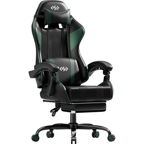 HLONONE Gaming Stuhl, Ergonomischer Gaming Sessel mit Taschenfederkissen, Racing Gamer Stuhl mit Fußstütze, Lendenwirbelstütze, Verstellbarer Bürostuhl 150 kg Belastbarkeit, PC Stuhl Schwarz-Grün