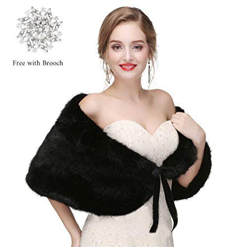 Bounzhi Women 's Wedding Faux Fur Shawl Wraps Bridal Wedding Scarf Stoles Wedding Faux Fur shrug Shawl Fur Cover up with ribbon for Bride and Bridesmaids (Black)3