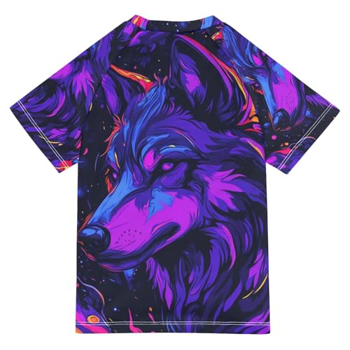Boys Short Sleeve T-Shirts Wolf Galaxy Purple Rashguard Kids Swim Shirts Sun UPF 50+2