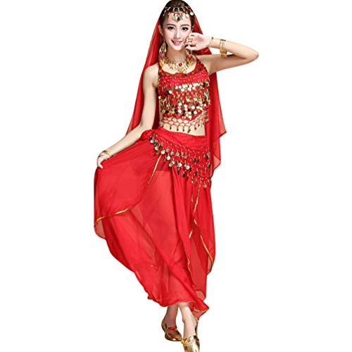 TianBin Mujer Danza del Vientre Trajes Indian Dance Conjunto Tops/Pantalones/Monedas Cinturón (Rojo#1, Talla única)