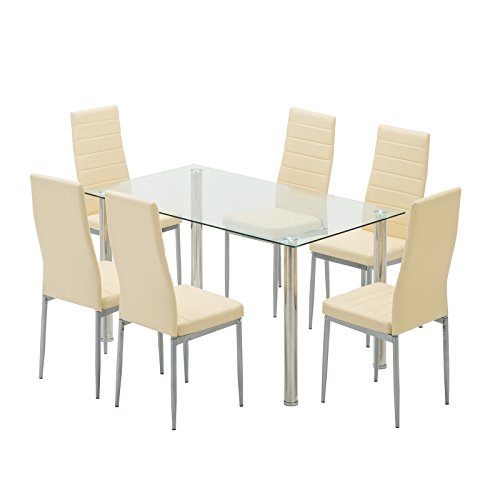 Mecor 7-Piece Glass Kitchen Dining Table Set, Glass Top Table with 6 Faux Leather Chairs Breakfast Furniture(Beige)