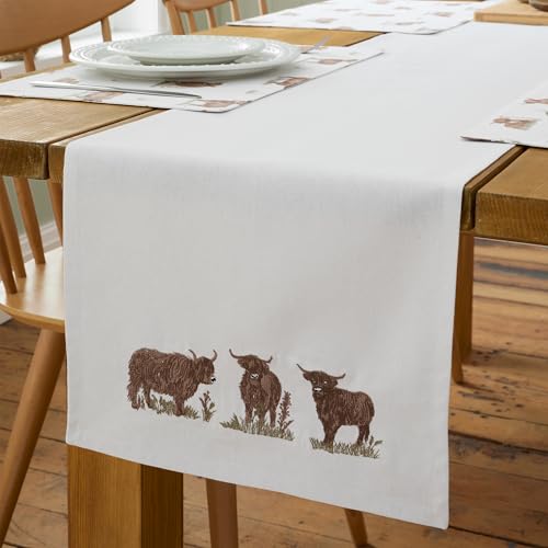 Image of Catherine Lansfield Angus Highland Cow Cotton 33x220cm Dining Table Runner Natural
